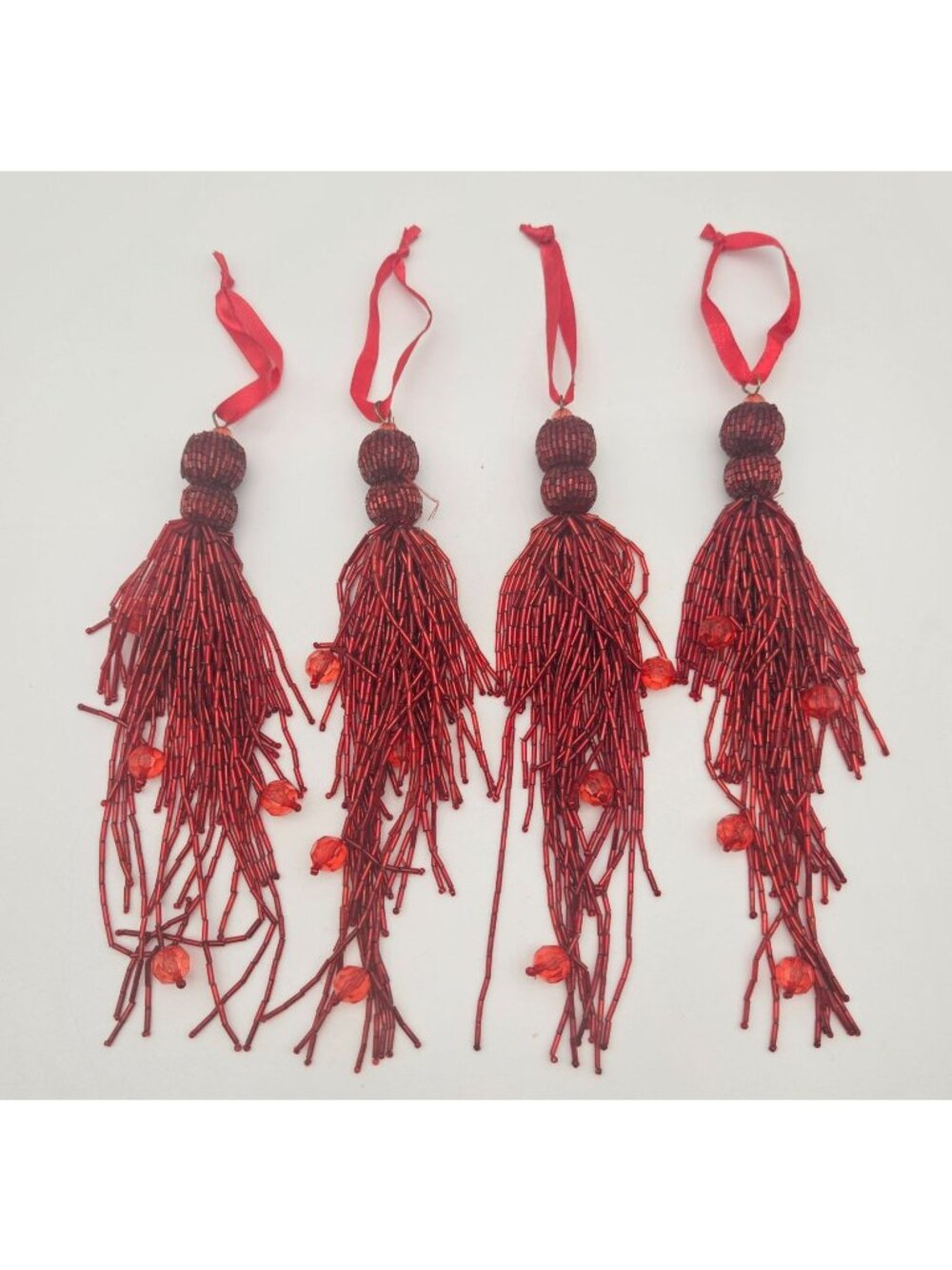 Lot of 4 Red Beaded Tassel Christmas Ornaments Tree Decorations